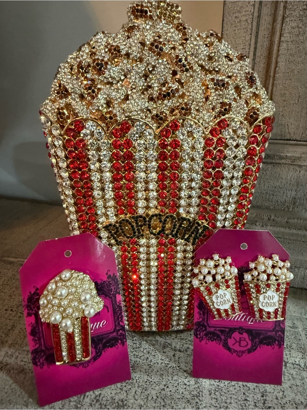 Crystal Popcorn Clutch with Matching Earrings - Red & Gold and Brooch 3 pc set